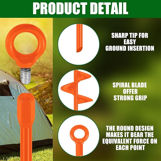 Lasnten 6 Pcs 30 Inch Heavy Duty Ground Anchor Spiral Blade Earth Anchor Kit Metal Anchor Hook Beach Sand Stakes Camping for Securing Animals, Shelters, Tents, Canopies (Orange)