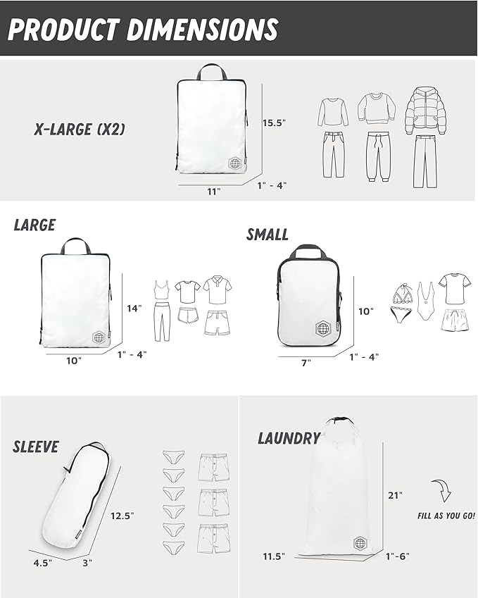 Large Compression Packing Cubes for Travel-Packing Cube Luggage Organizers 7 Piece Set for Checked Luggage-Ultralight, Expandable/Compression Bags by TRIPPED Travel Gear (White/Grey)