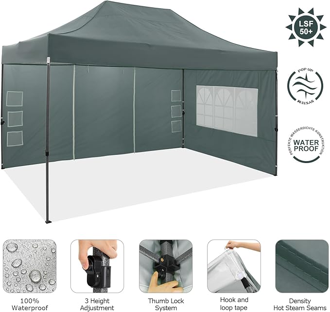 COBIZI 10x15 Pop up Canopy Tent 10x15 Canopy with 4 Sidewalls Waterproof Heavy Duty Commercial Canopy for Parties Outdoor Garden Gazebo Tent, Carry Bag(10x15ft, Gray)