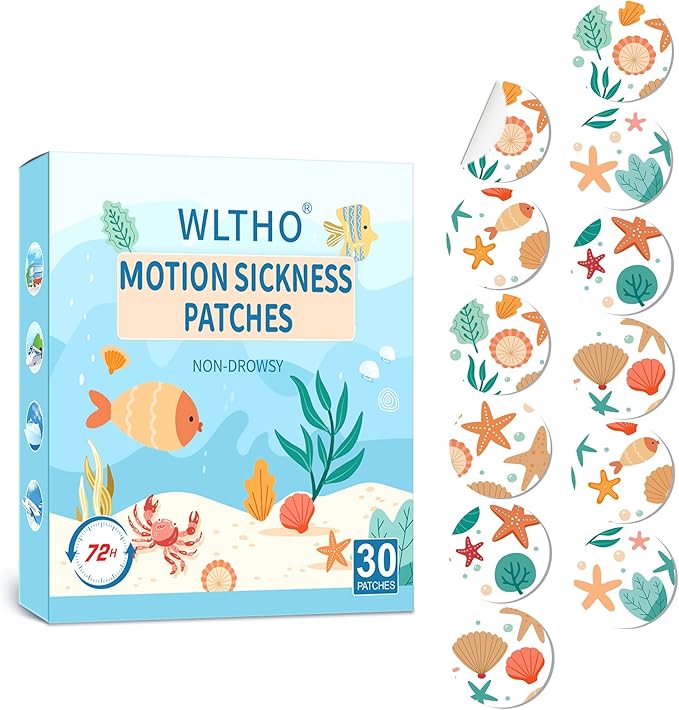 30ct Motion Sickness Patches Non Drowsy, Sea Sickness Patch for Cruise Travel Essentials, Waterproof Patches Behind Ear, Custom Seashell Pattern, Long Last 72H