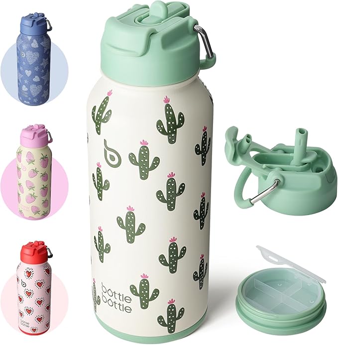 BOTTLE BOTTLE 32oz Insulated Water Bottle Stainless Steel Sport Water Bottle with Straw Dual-use Lid Design for Gym with Pill Box