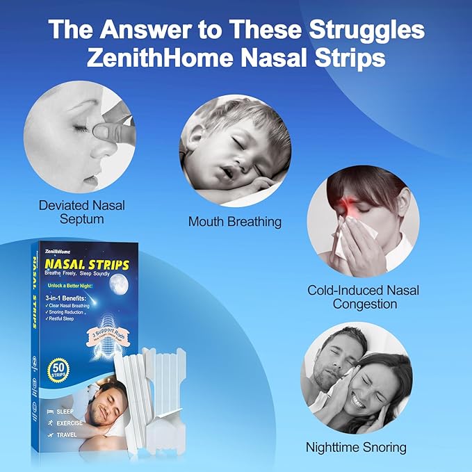 50 Count Nasal Strips for Snoring, ZenithHome Nose Strips for Breathing (Clear, 60 * 21.5mm)