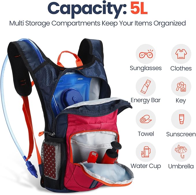 Kids Hydration Backpack with 1.5L Water Bladder Hiking Backpack Lightweight for Boys or Girls Children Biking Climbing Running Cycling