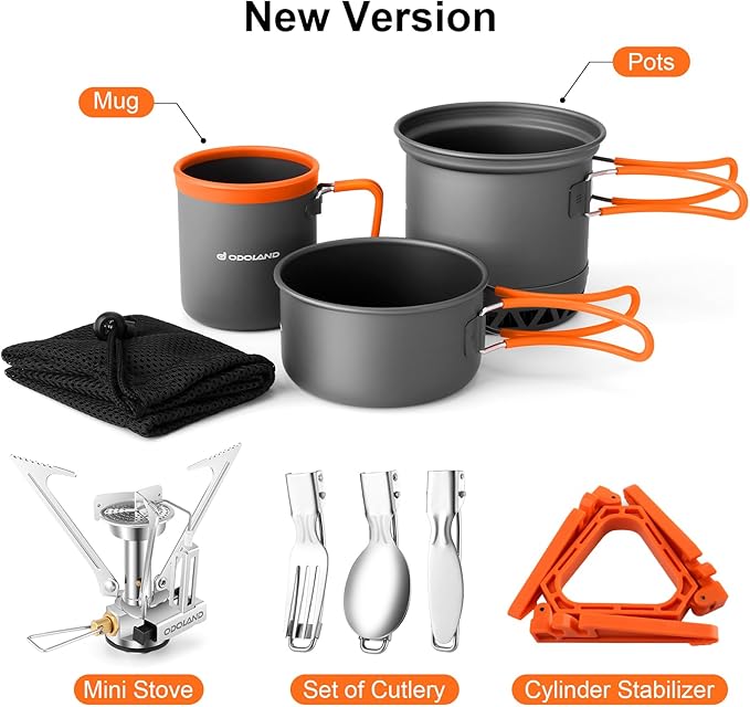 Odoland Camping Pots with Heat Exchanger Camping Cooking Set with Portable Camping Stove Camping Mess Kit Include Mug, Folding Utensil Set, Canister Stabilizer for Backpacking Outdoor Hiking & Picnic