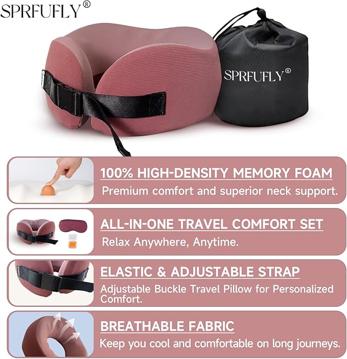 SPRFUFLY Travel Pillow 100% Memory Foam - Neck Pillow for Sleeping, Airplane Pillow with Sleep Mask & Earplugs, Travel Essentials Neck Pillow for Traveling, Long Flights, Train & Office Use(Soft Pink)