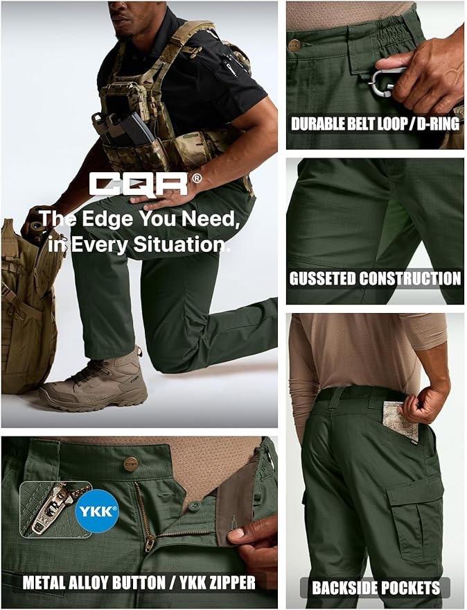 CQR Men's Tactical Pants, Water Resistant Ripstop Cargo Pants, Lightweight EDC Work Hiking Pants, Outdoor Apparel