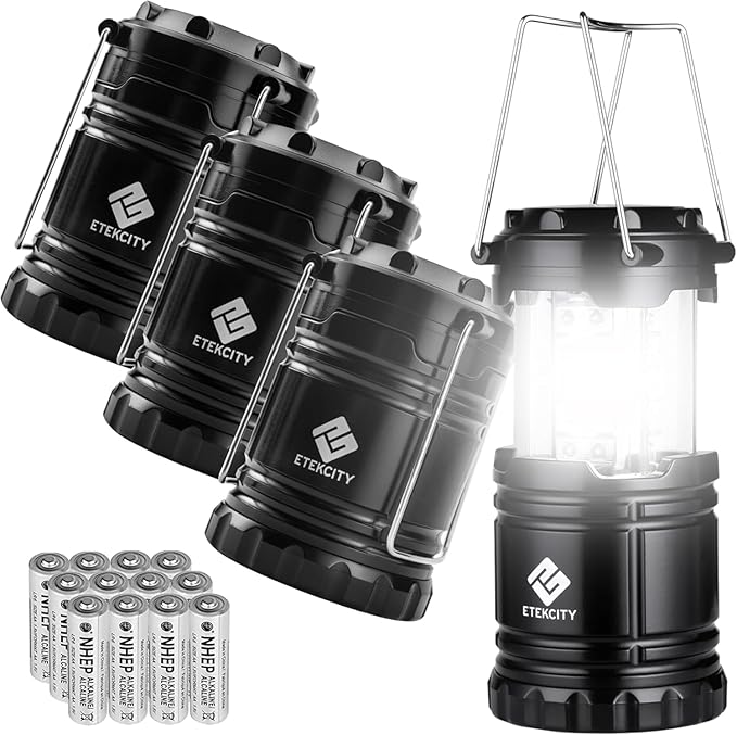 Etekcity Camping Lanterns for Power Outages 4 Pack, Flashlight for Camping Essentials, Survival Kit and Gear, Hurricane Preparedness Items, Emergency Led Battery Operated Lights, Black
