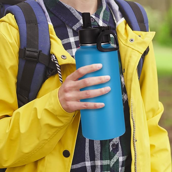 Volhoply 32oz Insulated Water Bottles Bulk 8 Pack with Straw Lid & Spout Lid,Stainless Steel Sports Water Bottle,Double Wall Vacuum Cups,Leakproof Wide Mouth Metal Flask for Hiking,Camping(Blue,8)