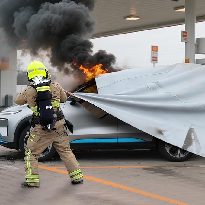 Large Fibreglass Vehicle Emergency Fire Blanket 19.6 x 29.5 ft, Car Fire Suppression Blanket for Conflagration with Carry Bag (Silver)