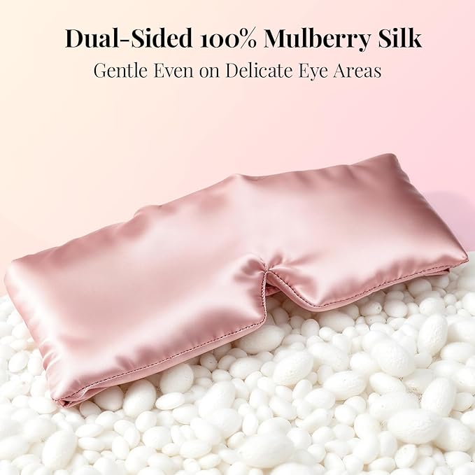 Mulberry Silk Sleep Mask for Men & Women - 100% Light Blocking Blackout Eye Mask for Side Sleepers, Adjustable Fit for All Heads, Soft Zero Pressure Comfort, Unisex Travel Eye Cover(Pink)