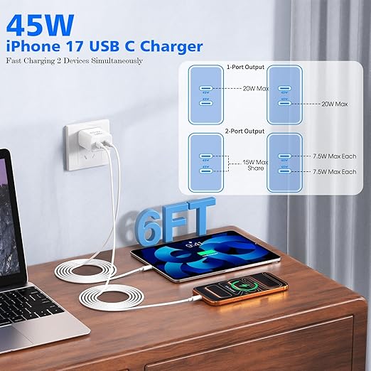 Fast Charger iPhone 17/16/15,45W Dual USB C Wall Charger 2 Pack 6FT Type C-C Fast Charging Cable Cord 45W Plug Quick Apple Chargers for iPhone 17 Pro Max/17 Air/16 Pro/15/15 Pro/Plus,iPad Pro/Air/Mini
