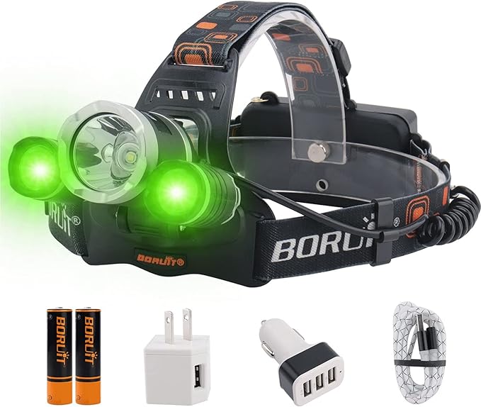 BORUIT RJ-3000 Rechargeabe LED Headlamp Super Bright with Green Light, 3 Modes Super Bright USB Head Lamp IPX4 Waterproof Headlight for Adults USB Outdoor Fishing Camping