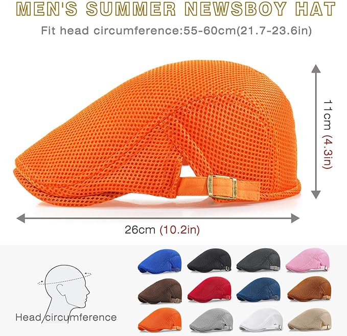 2 Pack Men's Mesh Cap Breathable Summer Newsboy Hat Adjustable Beret Ivy Cap Irish Cabbie Driving Hunting Hats