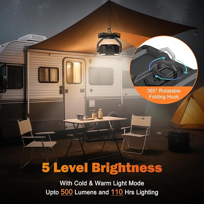 AMACOOL 20000mAh Rechargeable Camping Fan, Battery Operated Fan with Light, 68Hrs Work Time, 4 Speed, Auto Oscillating Outdoor Fans with Hook for Tent RV Car Travel Emergency Power Outages