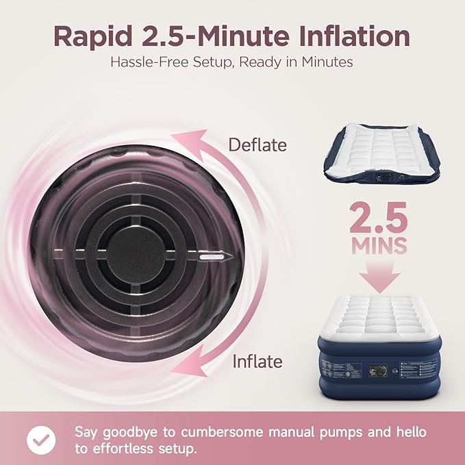 Twin XL Air Mattress with Built-in Pump & Luxury Quilted Topper, 80" Length, 20" Height, 2.5 Min Fast Inflation, 500lbs Support, Blow up Mattress with Carry Bag for Guest, Camping & Home
