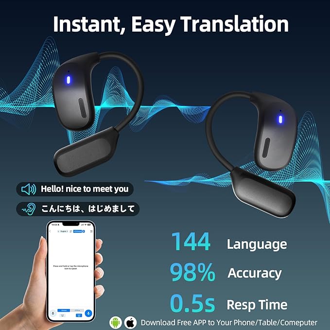 Ai Translation Earbuds Real Time, 3-in-1 Translator Earbuds with 144 Languages/4 Translation Modes,Translatior Headphones,48H Audifonos Traductores Inglés Español for Travel Learning