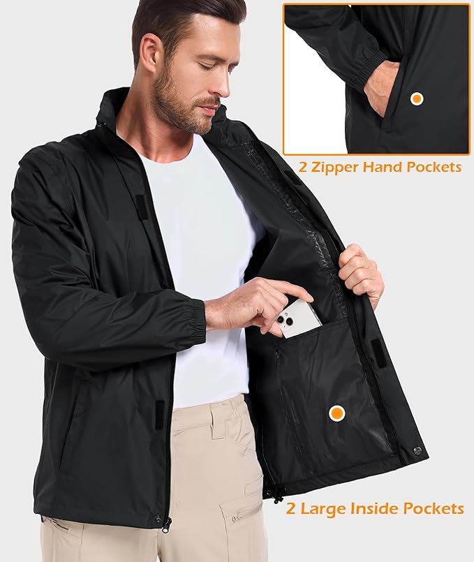 MANSDOUR Men's Packable Rain Jacket Waterproof Lightweight Windbreaker Cycling Golf Hiking Reflective Raincoat with Hood