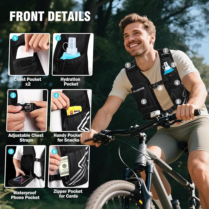 Running Vest for Women Men, Running Hydration Vest with 500ml Soft Flask & Touch-Screen Phone Pocket, Reflective Lightweight Hydration Backpack for Hiking with Adjustable Chest Waist Straps