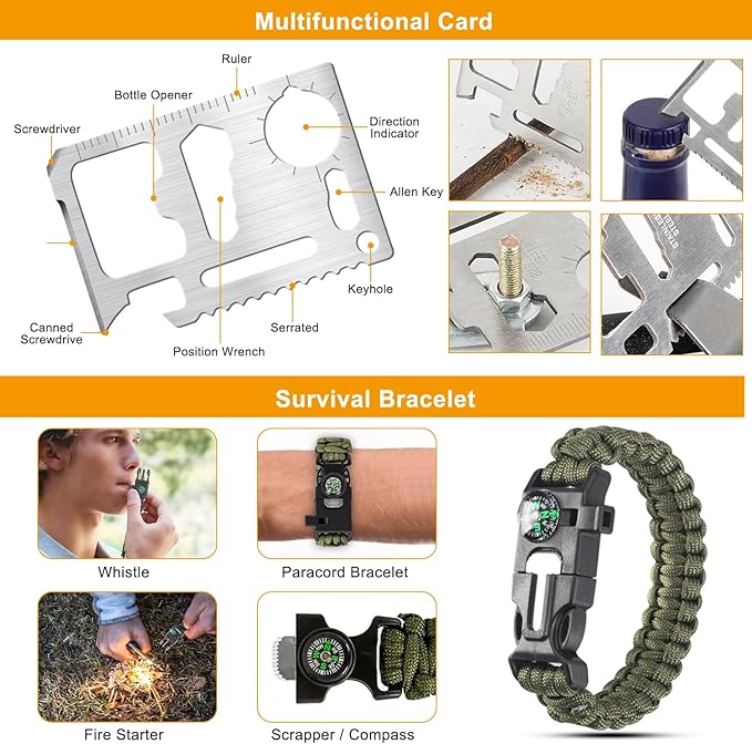 11-in-1 Survival Kit for Camping Essentials,Compact & Portable Multi-Tool for Backpacking, Hiking, Car Emergencies, Durable Outdoor Gear