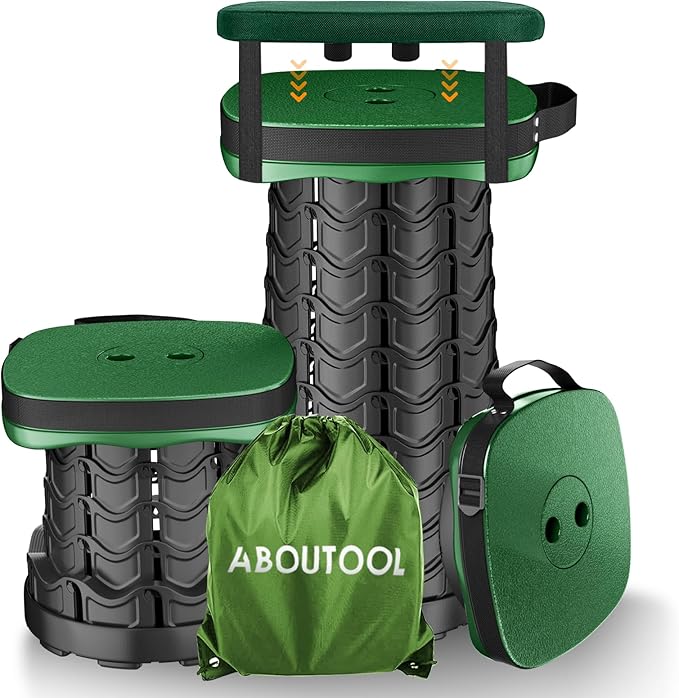 Folding Camping Stool, Square Collapsible Portable Stool with Elastic Seat Cushion& Adjustable Nylon Bag, Sturdy Lightweight Telescoping Foldable,Max Load 485lb (Green)