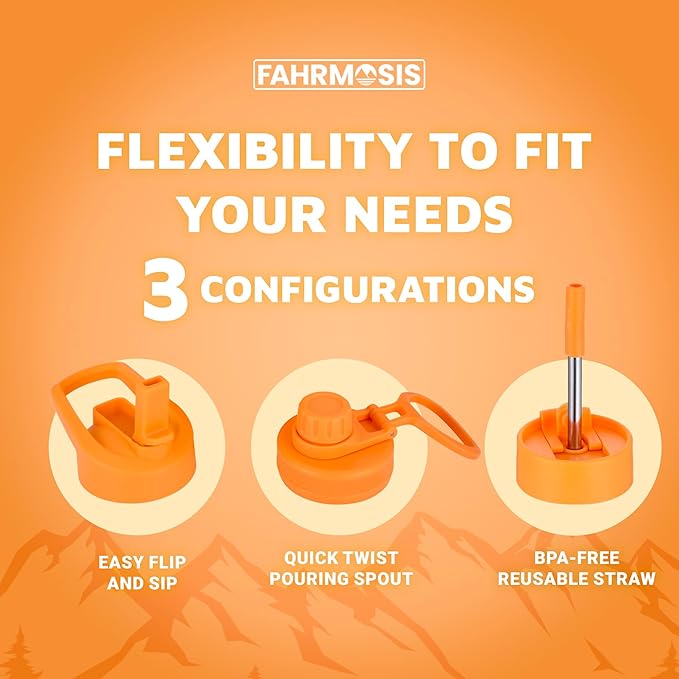 64 Oz Insulated Water Bottle with Strap Stainless Steel Sports Water Bottle with 3 Lids (Straw, Chug and Flip Lid) Leak Proof Metal Half Gallon Jug for Men & Women - Orange Fusion