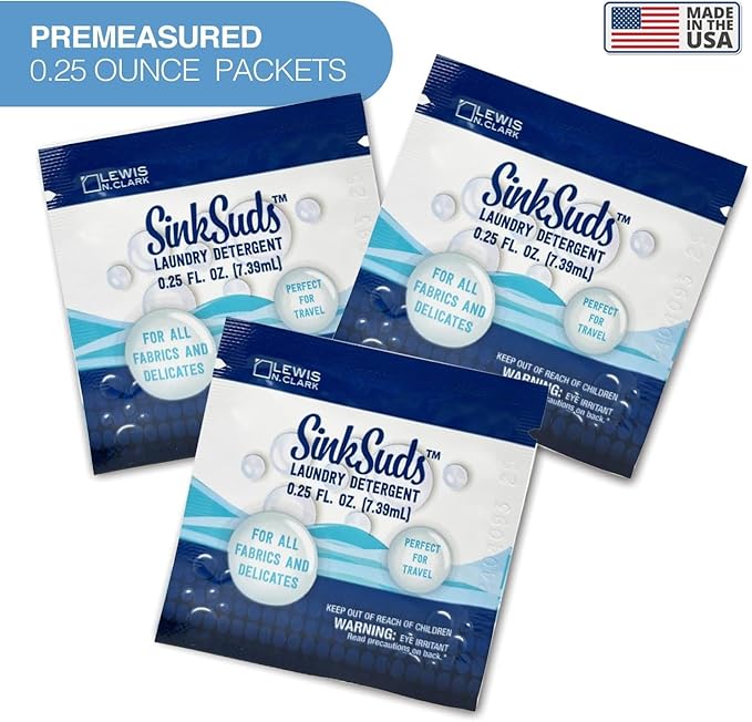 SinkSuds Travel Laundry Detergent Liquid Soap + Odor Eliminator for All Fabrics Including Delicates,Sink-Packets,0.25 Fl Oz,(Pack of 32)