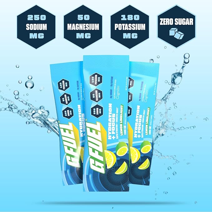 G Fuel Electrolytes Powder for Instant Hydration and Focus | Sugar Free, Lemon Lime Flavor, Electrolyte and Nootropic Drink Mix to Sharpen Mental Focus, 20 Servings