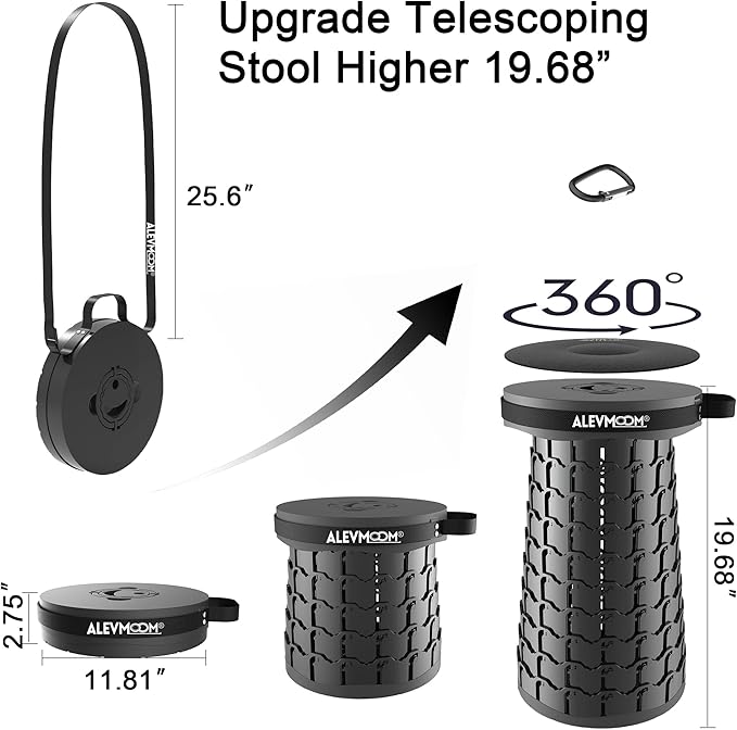 ALEVMOOM Upgraded 19.7" Portable Telescoping Stool,XXL Collapsible Stool with Cushion,Capacity 1000lbs Heavy Duty Retractable Folding Chair for Adults for Camping Fishing Hiking BBQ