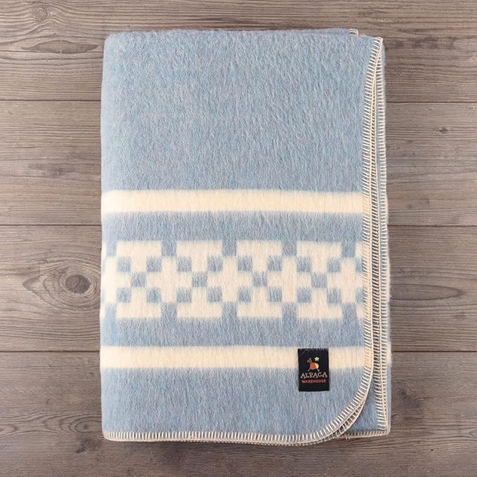 Inca Wall - Thick Alpaca Wool Blanket Heavyweight Camping Outdoors Indoors Soft Peru Queen Size New Ethnic Design (Soft Blue/Ivory, Queen Size)