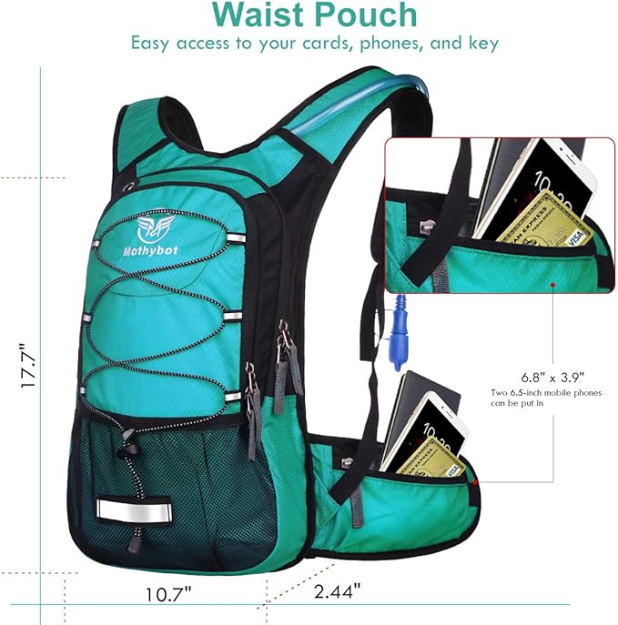 Insulated Hydration Backpack Pack with 3L BPA Free Leak Proof Water Bladder, Large Storage Lightweight Hiking Daypack with Waist Pouches & Cooler Layer, for Running, Biking, Camping, Festival