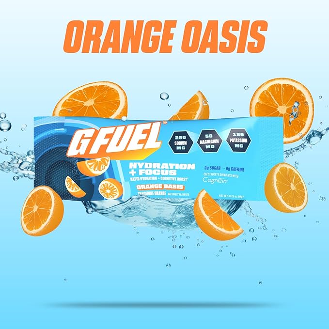 G Fuel Electrolytes Powder for Instant Hydration and Focus | Sugar Free, Orange Oasis Flavor, Electrolyte and Nootropic Drink Mix to Sharpen Mental Focus, 20 Servings