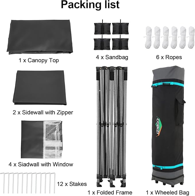 COBIZI 10x20 Pop up Canopy Tent 10x20 Canopy with 6 Sidewalls Waterproof Heavy Duty Commercial Canopy Tent for Parties Outdoor Tent Garden Gazebo Tent, Carry Bag with Wheel(10x20ft, Black)