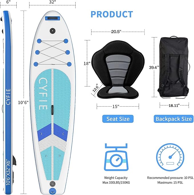 CYFIE 10'6''Inflatable Stand Up Paddle Board, Paddle Boards with Premium SUP Paddle Board Accessories, Removable Kayak Seat and Camera Mount for Yoga, Kayaking, Surf, Fishing