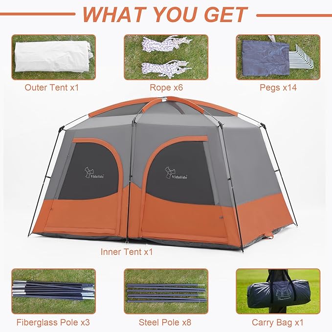 Vidalido Tents，6-8 Person Camping Tent with Extended Vestibule，2 Room Weather Resistant Family Tents，Easy Install Waterproof Outdoor Tent for Backpacking and Camping Hiking