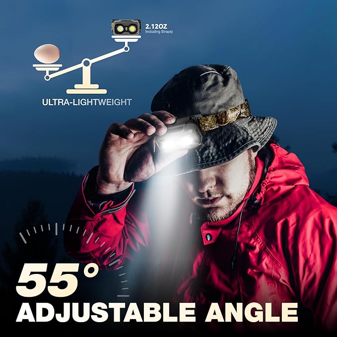 Mossy Oak 600 Lumens Rechargeable Headlamp, Lightweight LED Headlight with White & Red Light, Waterproof Head Lamp with Non-Slip Band, Dimmable & Memory Function for Camping, Running, Hiking, Outdoors