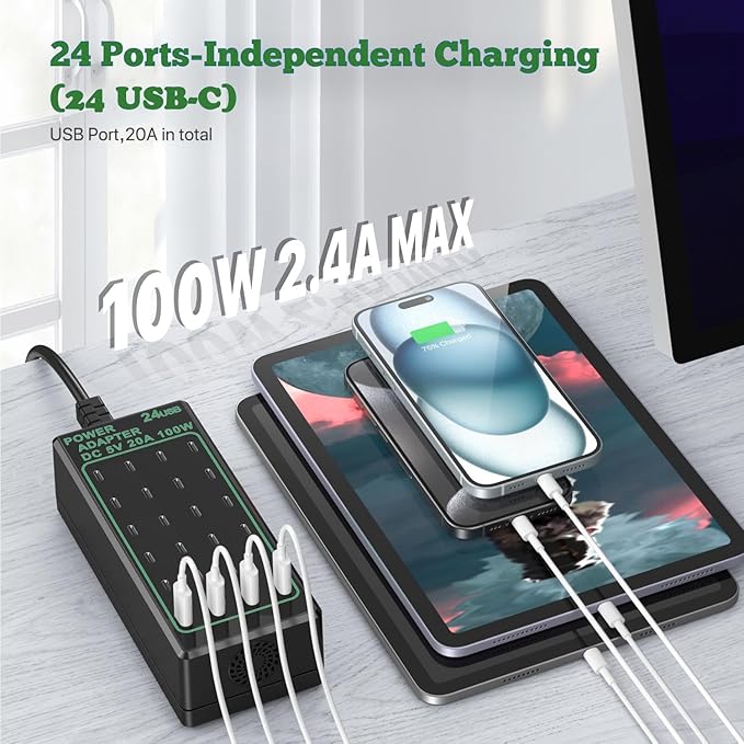 24-Port 100W (20A) USB C Charging Station, Multiple Fast Charger Hub, Home Desktop Power Adapter, Travel Convenient, Compatible With iPhone/Samsung/Google and More