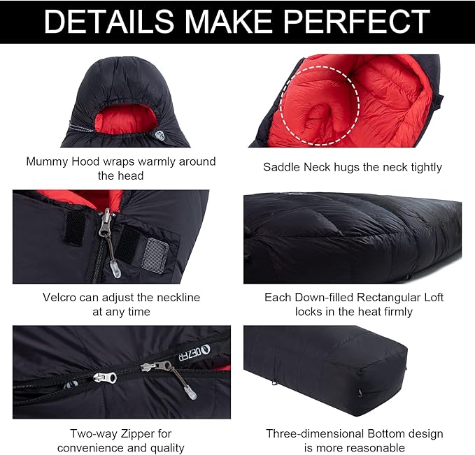 0 Degree Sleeping Bag for Adults 650 Fill Power Down Sleeping Bag for Cold Weather -20F / -8F / 0F / 10F Large Lightweight