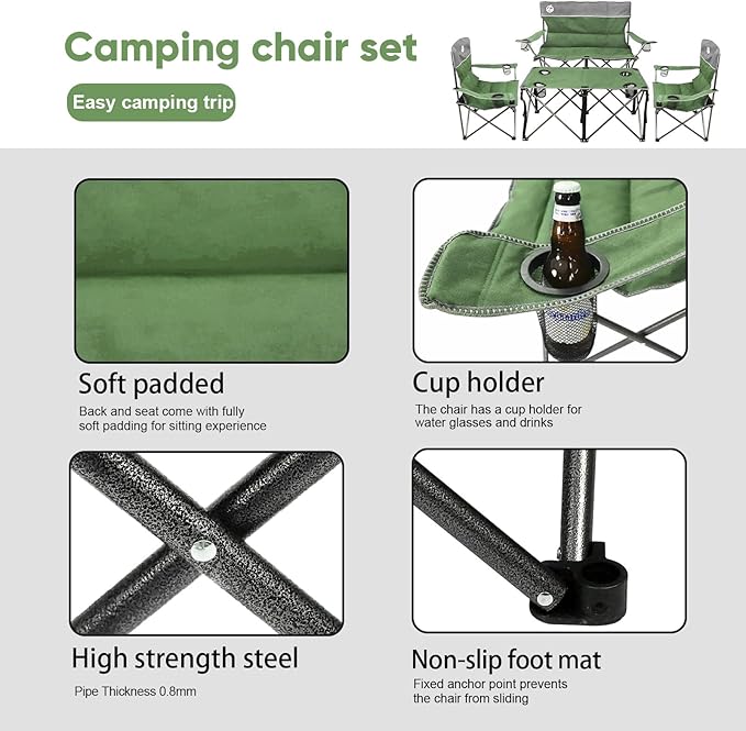 Northroad Folding Camping Chair Set of 4, Portable Collapsible Conversation Set w/1 Sofa, 2 Single Chairs, 1 Table for Family Patio, Outdoor Travel, Beach(Green)