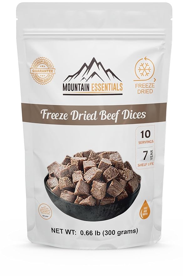 MOUNTAIN ESSENTIALS Freeze-Dried Diced Beef – Fully Cooked Meat | Pre-Cooked | 240g High Protein Intake | 10 Servings | Ready-to-Eat Meal Prep | Pantry Staples, Daily Meals, Emergency Survival, Camping Food | 7-Year Shelf Life | Made in USA