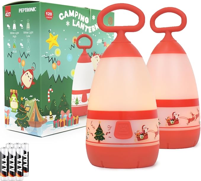 Kids Camping Lantern & Night Light Battery Powered, 360° Eye-Safe Light (AAA Included), IPX4 with RGB Modes Portable for Outdoor, Emergency , Gift for Children (Christmas 2 Pack)