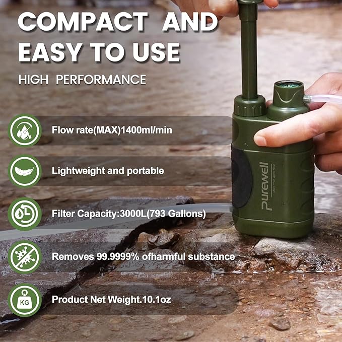 Purewell Water Purifier Pump with Replaceable Carbon 0.01 Micron Water Filter, 4 Filter Stages, Portable Outdoor Emergency and Survival Gear - Camping, Hiking, Backpacking