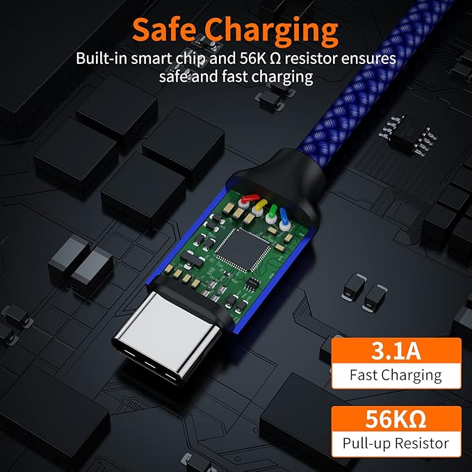 JXMOX Short USB C Cable (1ft 3-Pack), USB A to Type-C Charger Cord 3.1A Fast Charging Compatible with iPhone 15 16 Pro Max, Samsung Galaxy S22 S21 S20 S10 S9, Note 10, A80 A70 A50, Power Bank (Blue)