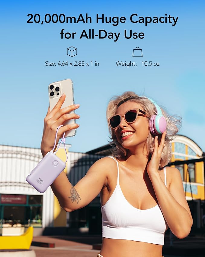 Portable Charger 20000mAh 30W Fast Charging, Power Bank with Built-in Cables & LED Display, USB C Battery Pack for iPhone 16/15/14, Samsung, iPad and Android Phones, Ideal for Travel -Purple