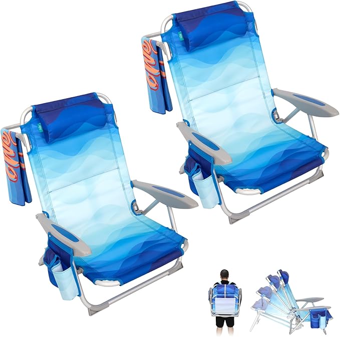 #WEJOY Folding Beach Chair for Adults, 4-Position Aluminum Lightweight Beach Chair, Low Sands Chairs with Shoulder Strap, Cup Holder and Padded Headrest, Supports 265lbs for Lawn
