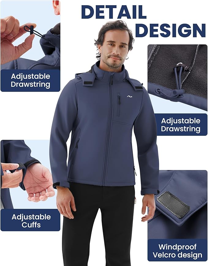 WULFUL Men's Softshell Jacket Waterproof Lightweight Insulated Windbreaker Fleece Lined Rain Shell Jacket for Hiking Travel