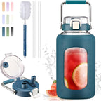 BLUEGO 84oz Water Bottle Glass with Stainless Steel Handle Large 2.5l Water Bottle with Time Markers and Silicone Sleeve Half Gallon Water Jug BPA Free for Gym Daily Use, Dark Blue