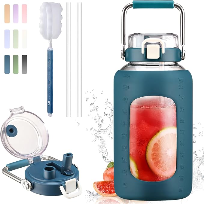 BLUEGO 84oz Water Bottle Glass with Stainless Steel Handle Large 2.5l Water Bottle with Time Markers and Silicone Sleeve Half Gallon Water Jug BPA Free for Gym Daily Use, Dark Blue