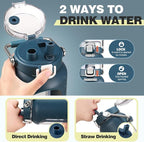 BLUEGO 64oz Water Bottle Glass with Stainless Steel Handle Large Water Bottle with Time Markers and Silicone Sleeve Half Gallon Water Jug BPA Free for Gym Daily Use, Dark Blue