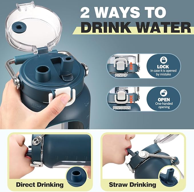 BLUEGO 64oz Water Bottle Glass with Stainless Steel Handle Large Water Bottle with Time Markers and Silicone Sleeve Half Gallon Water Jug BPA Free for Gym Daily Use, Dark Blue