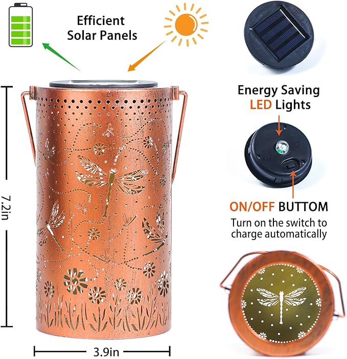 Dragonfly Solar Lanterns Outdoor Waterproof Hanging Solar Lights Dragonfly Gifts for Women Men Metal Decorative LED Lanterns for Yard, Patio, Lawn, Tabletop, Pathway, Landscape, Garden Decor